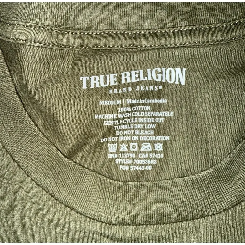 True Religion Buddha Logo Tee Mens M Green Kalamata Circular Back NWT